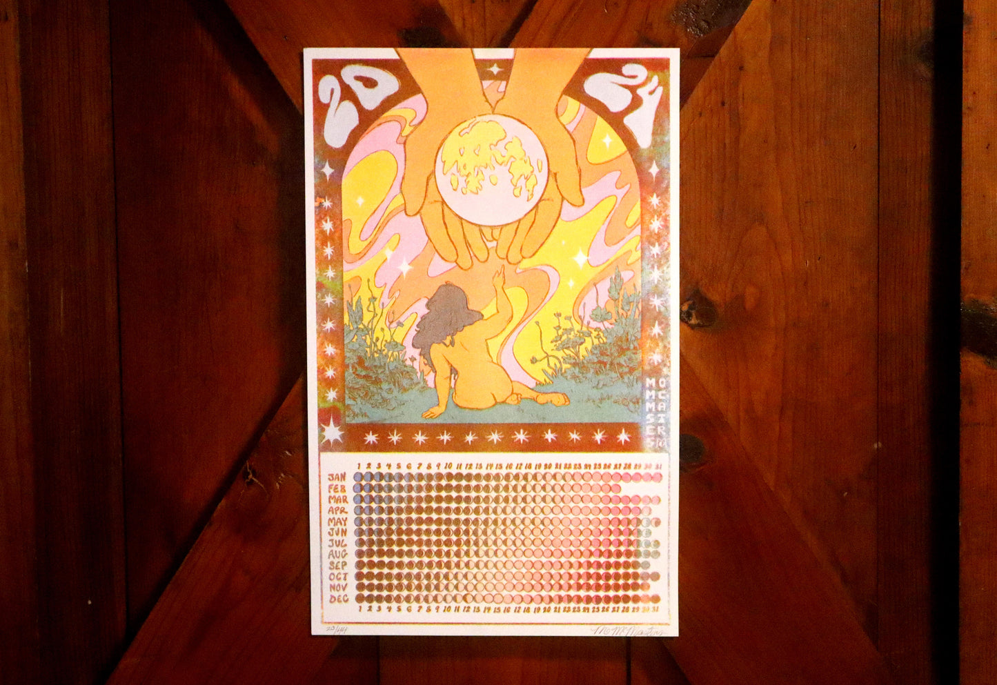 2024 Moon Calendar Risograph Print (Blue, Pink, and Yellow on 11 x 17)