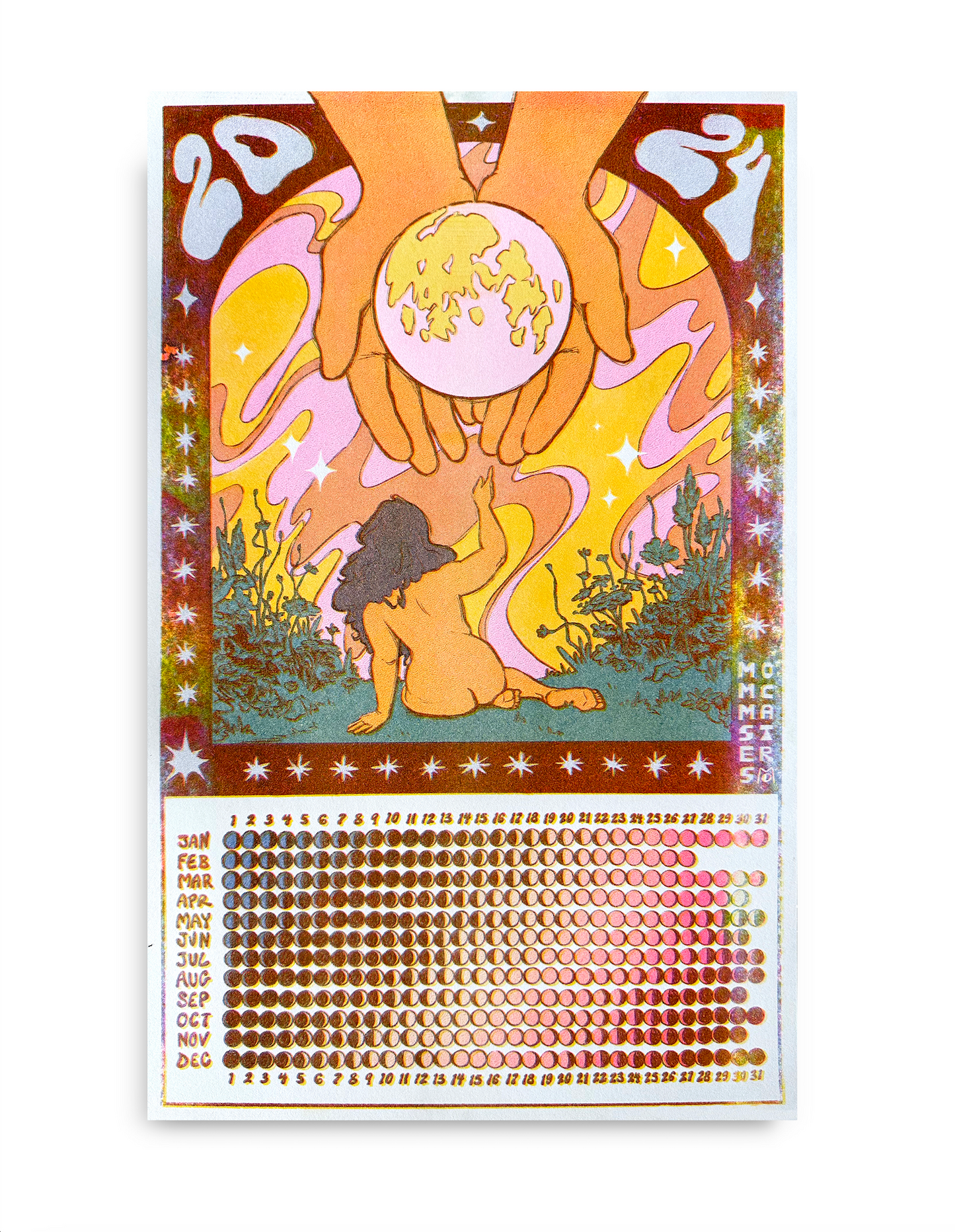 2024 Moon Calendar Risograph Print (Blue, Pink, and Yellow on 11 x 17)