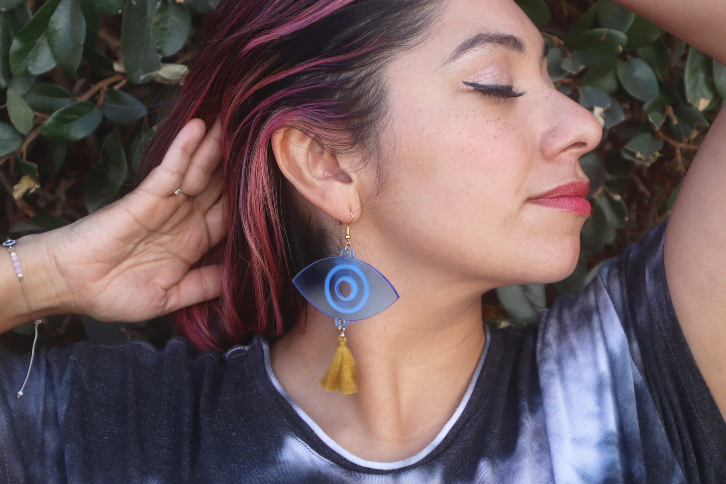 Evil Eye Acrylic Earrings with Goldenrod Tassles