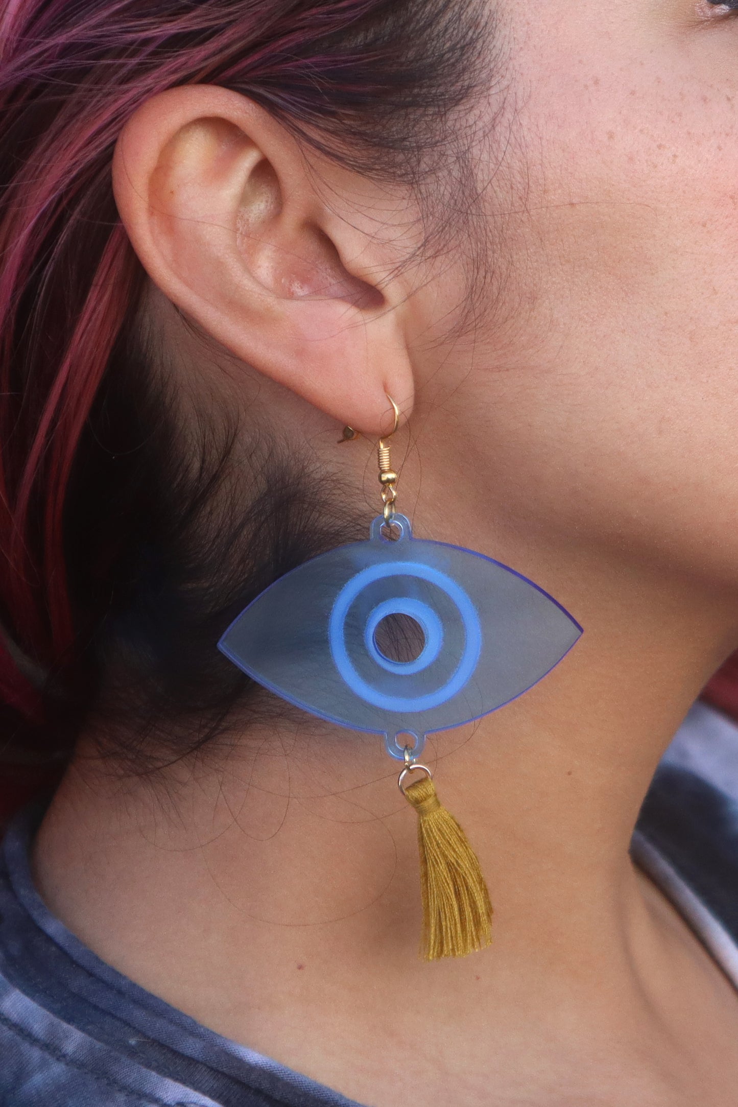 Evil Eye Acrylic Earrings with Goldenrod Tassles