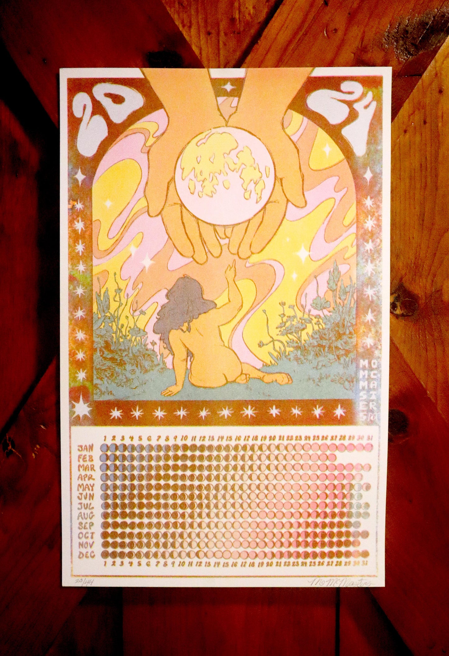 2024 Moon Calendar Risograph Print (Blue, Pink, and Yellow on 11 x 17)