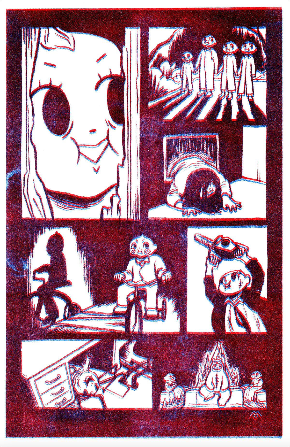 Red & Blue Horror Kewpie Comic // Risograph Print